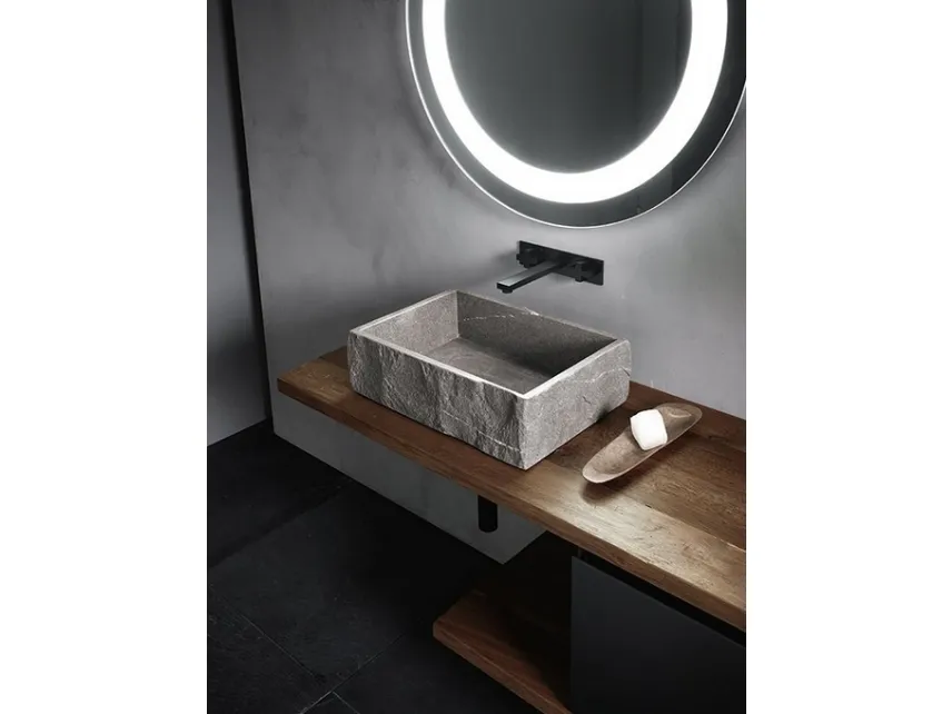 Mobile da Bagno sospeso in rovere e laccato opaco con lavabo in pietra Piasentina INK NK16 di Compab