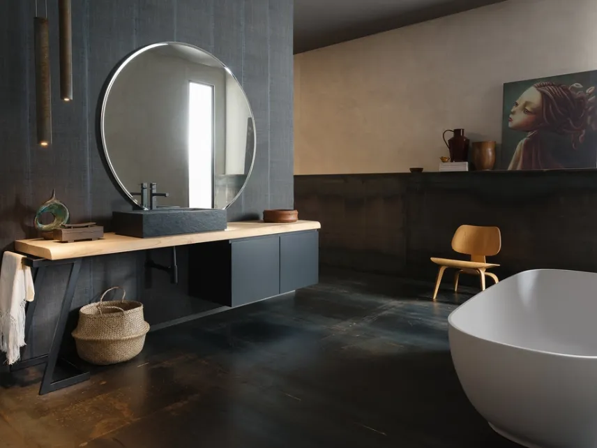 Mobile Bagno da appoggio in laccato opaco nero con piano in legno e lavabo in gres INK PRESTIGE NK21 di Compab