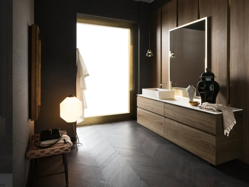 Mobile Bagno da appoggio in legno di rovere con piano e lavabo in gres effetto marmo Calacatta INK PRESTIGE NK24 di Compab