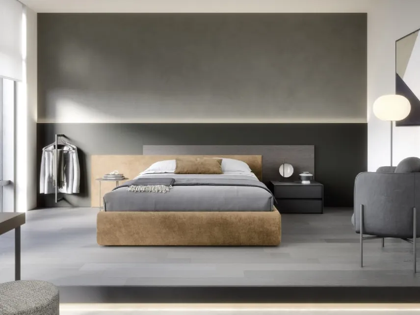 Letto con contenitore Testiera Time in tessuto imbottito e legno di Novamobili